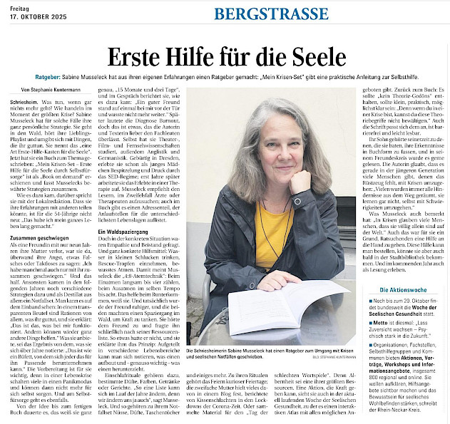 "Erste Hilfe für die Seele" Zeitungsartikel in den Weinheimer Nachrichten vom 17.10.2025, Seite 13
