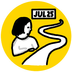 Zeichnung einer Frau, die auf einen Serpentinenweg blickt unter einem Schild mit der Aiufschrift "JUL 25"