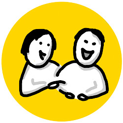 Zeichnung zweier Figuren beim Witz erzählen in schwarz-weiß-grau vor gelbem Kreis