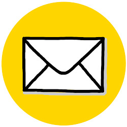 Zeichnung eines Brief in schwarz-weiß-grau vor einem gelben Kreis