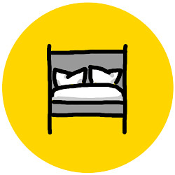 Zeichnung eines gemachten Betts in schwarz-weiß-grau vor gelbem Kreis