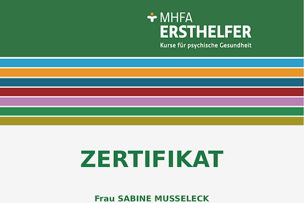 MHFA-Ersthelfer-Zertifikat für Sabine Musseleck (Ausschnitt)
