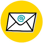 Schwarz-wei&szlig;-Zeichnung eines Briefumschlags mit einem t&uuml;rkisfarbenen @ vor gelbem Kreis als Symbol f&uuml;r E-Mail. Mit dem Klick aufs Bild &ouml;ffnet sich eine vorbereitete E-Mail an Sabine Musseleck.