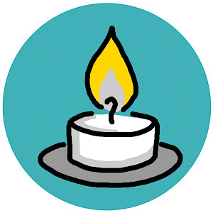 Zeichnung eines brennenden Teelichts vor türkisfarbenem Kreis als Symbol für Lichteln