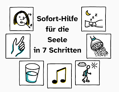 Sofort-Hilfe für die Seele in 7 Schritten mit den sieben Schritten als Sketchnotes. Ein Klick aufs Bild führt dich zur Datei, die du dir herunterladen kannst.