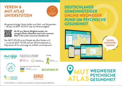 Flyer zum Mut-Atlas, Deutschlands gemeinnützigem online-Wegweiser rund um psychische Gesundheit. Mit dem Klick aufs Bild gelangst du direkt auf dessen Website