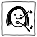 Sketchnote "Durchatmen" zeigt ein Gesicht mit schulterlangen Haaren, einen von rechts oben geschwungenen Pfeil mit einer 4, der in die Nase hinein zeigt sowie nach rechts unten geschwungenen Pfeil mit einer 8, der aus dem leicht geöffneten Mund herauszeigt