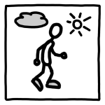 Schwarz-weiß-Zeichnung eines Männchens, das von einer grauen Wolke links nach rechts zu einer Sonne geht, in einem quadratischen Rahmen