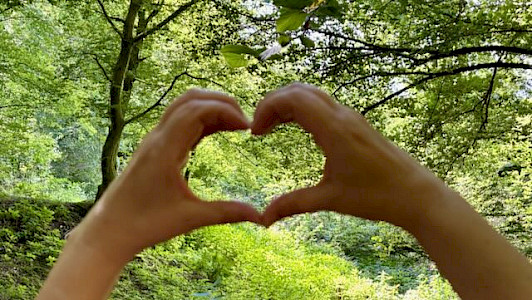 Foto von Sabines zum Herz geformten Händen vor grünem Wald als Hintergrund