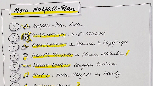 Ausschnitt aus meinem eigenen Notfall-Plan, den ich mir mit SketchNotes erarbeitet habe. Dieser Ausschnitt zeigt meine Schritte 1 bis 6, 7 ist angedeutet.