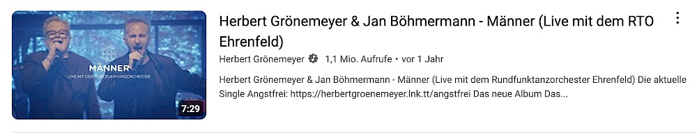 "Männer" Songvideo von Herbert Grönemeyer & Jan Böhmermann bei uTube. Mit einem Klick aufs Bild erklärst du dich mit deren Nutzungsbedingungen einverstanden und kannst das Video sehen.